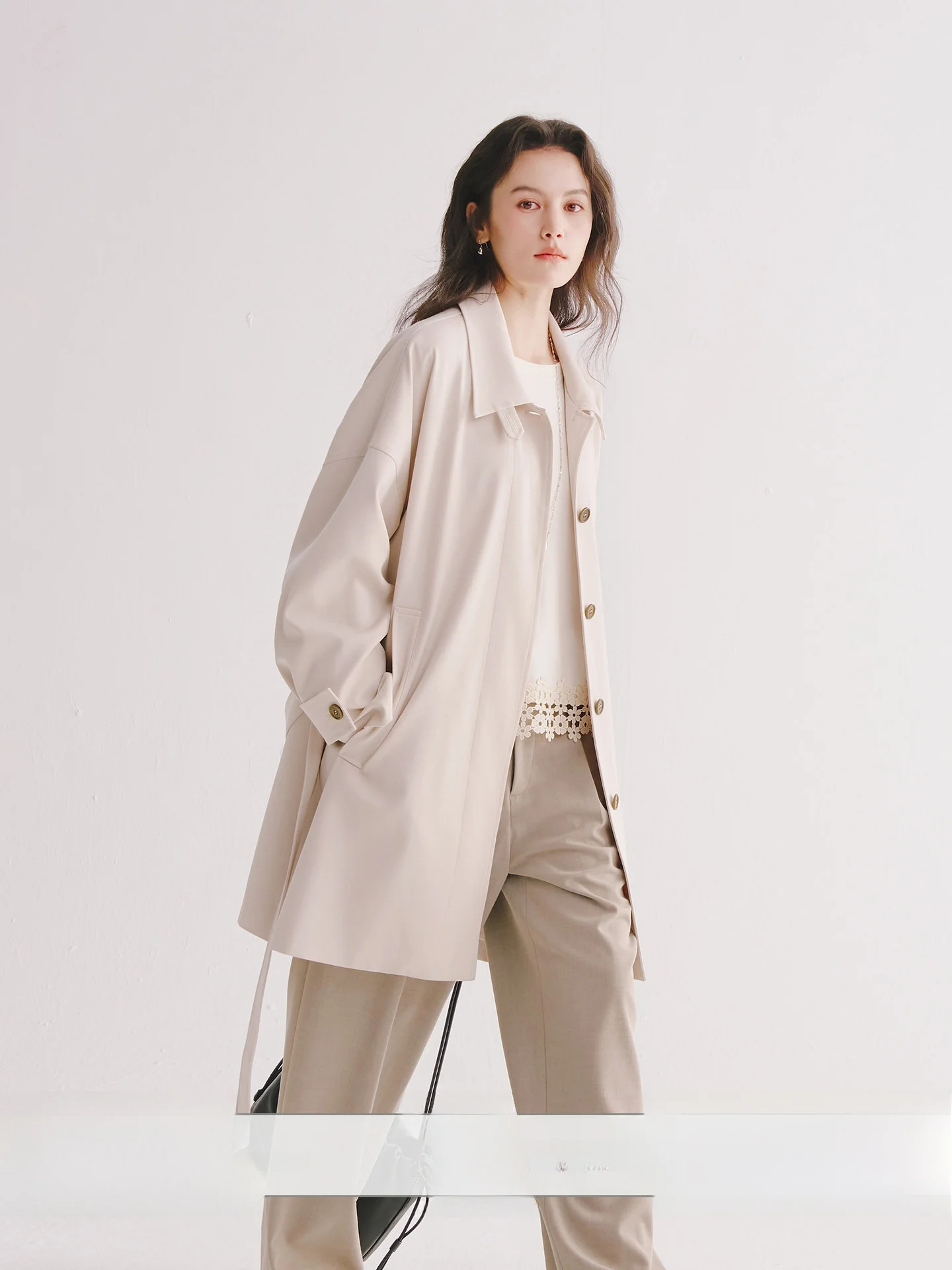 

next Weekend Tailored Mid-Length Coat Jacket Stand Collar Long Sleeve Unlined Women's Spring Fashion Polyester Viscose Wool S...