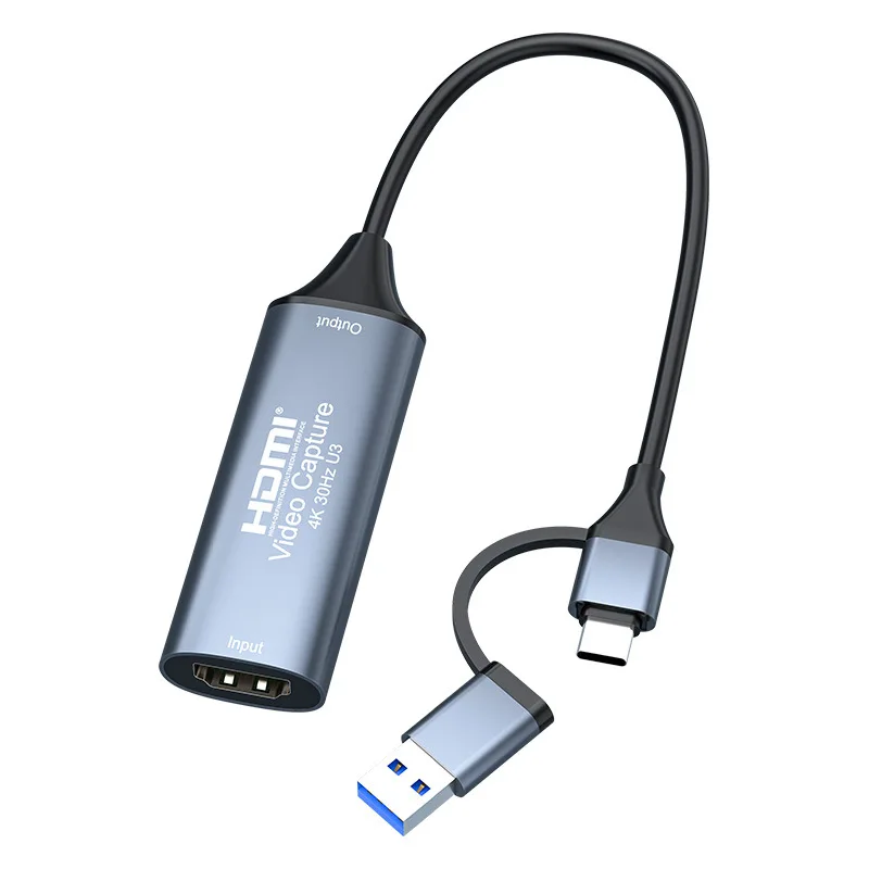 Type-c+USB2.0 3.0HDMI Video Capture Card 4K 30Hz Input 1080P Output for OBS VLC Live Streaming Gaming Windows Mac Android Device