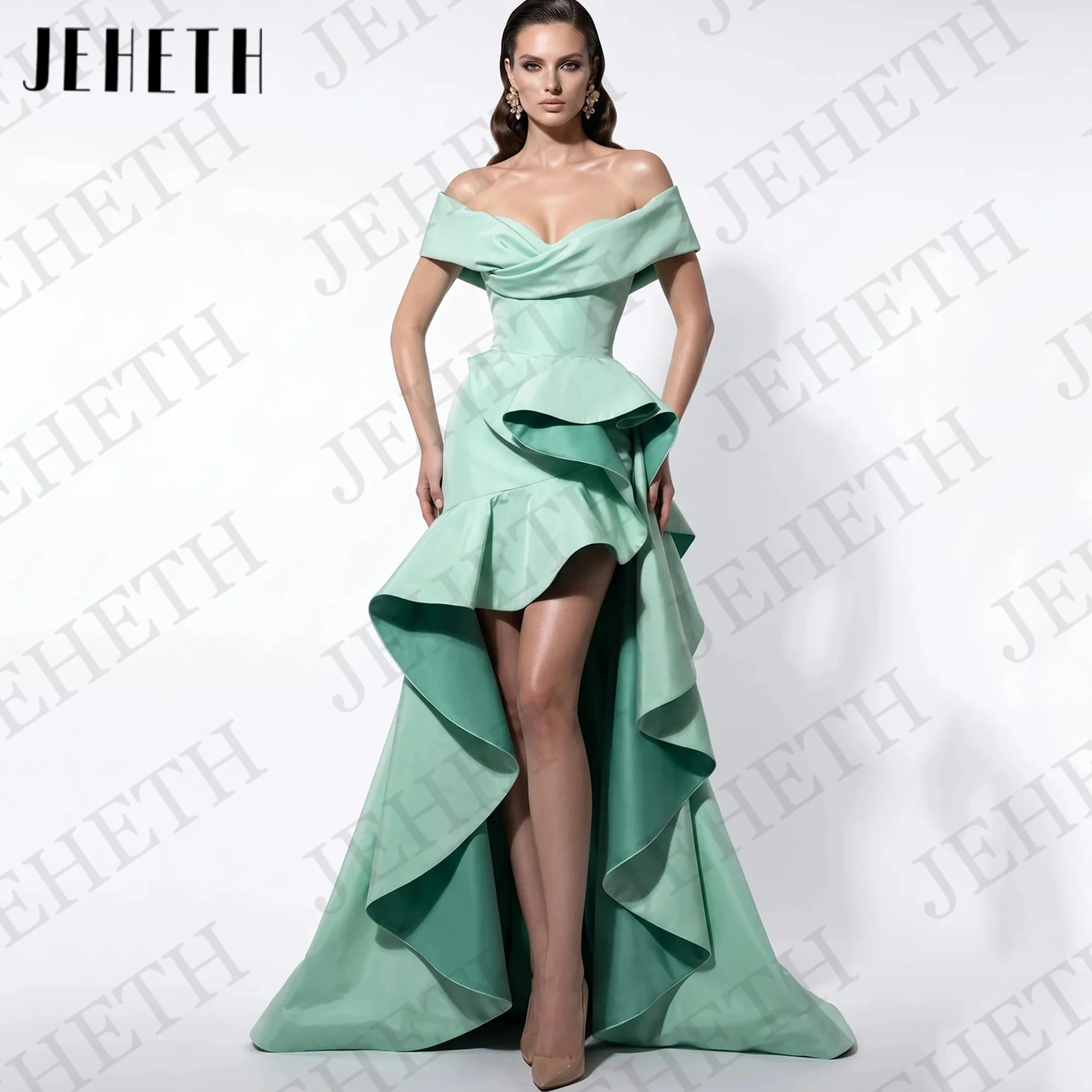 JEHETH Prom Dress Off Shoulder Satin Mint Green Elegant High Low Ruffled Formal Party Pageant Dresses Customized فساتين سهرة