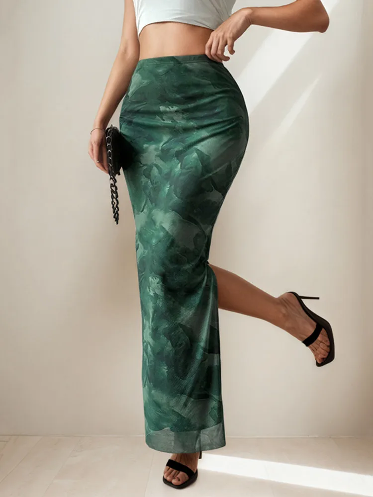 

BKLD Women Clothing 2026 Summer New Fashion Printed Skirts Sexy Side Split Slimming Versatile Temperament Long Skirts Party