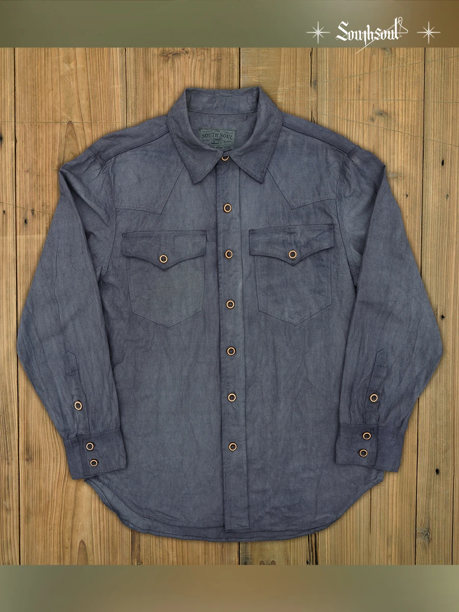 

Retro American Handmade Cotton Linen Western Shirt Fivefold Dyeing Grass Wood Coloring Thin Outerwear Breathable Loose Fit Yo...