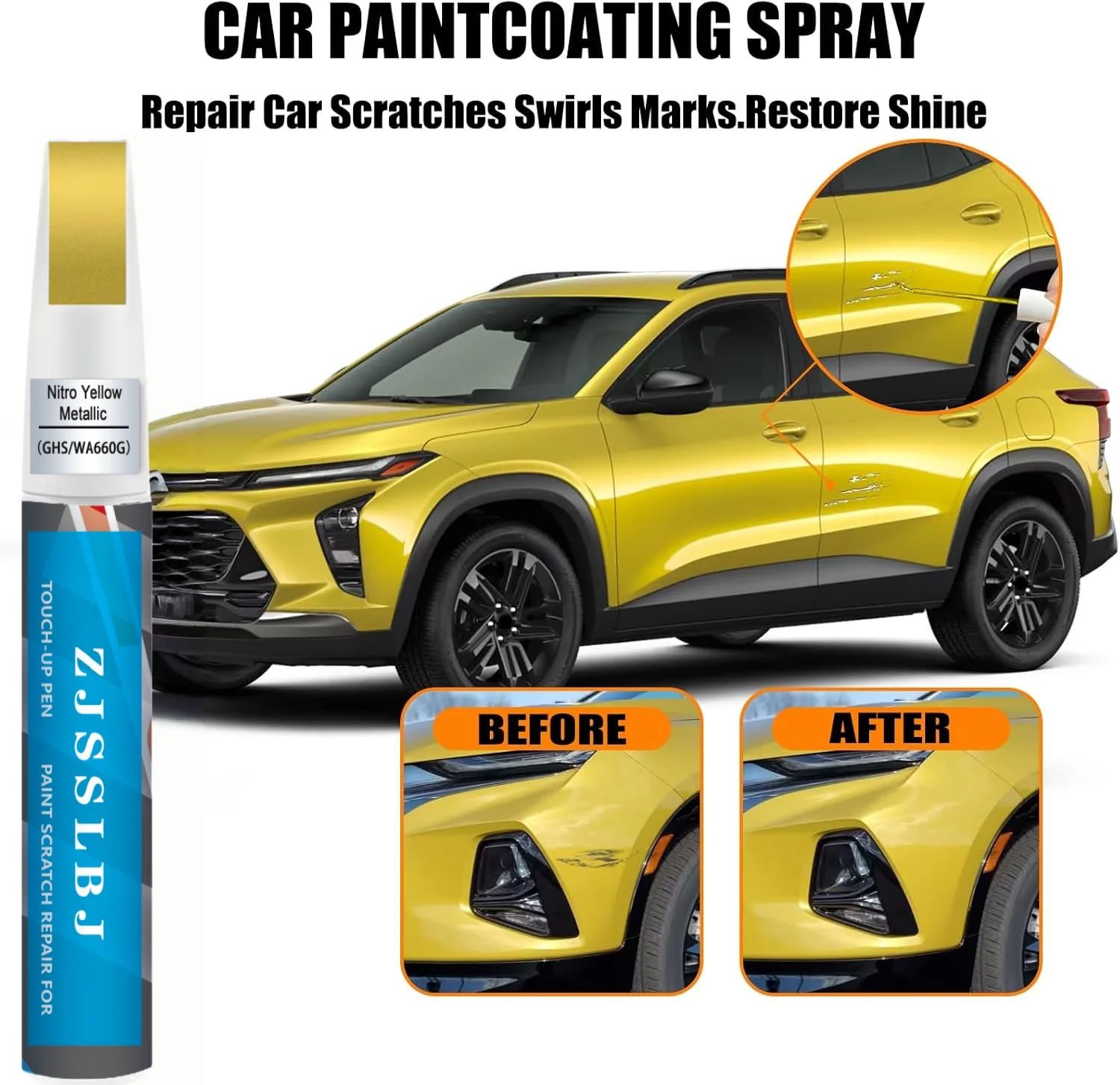 Car Touch Up Paint (Nitro Yellow Metallic(GHS/WA660G)) for Chevrolet, 2 in 1 Car Scratch Remover with Pen Tip and Brush