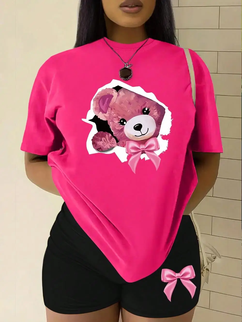 Women Tops & Shorts Two Pieces Set Kawaii Pink Teddy Bear With Bow Prints T-Shirt Summer Fashion Loose Short Sleeve Soft Clothes