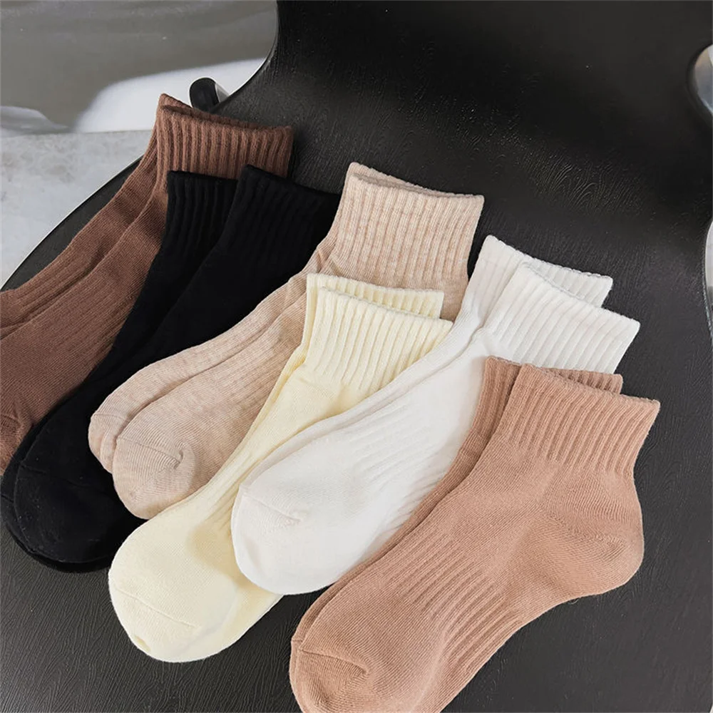 Chaussettes Courtes en Coton pour Femme, Haute Qualité, Tube Moyen, Rinçage, Solide, Document Doux, Respirant, dehors, Automne, Hiver, 5 Paires