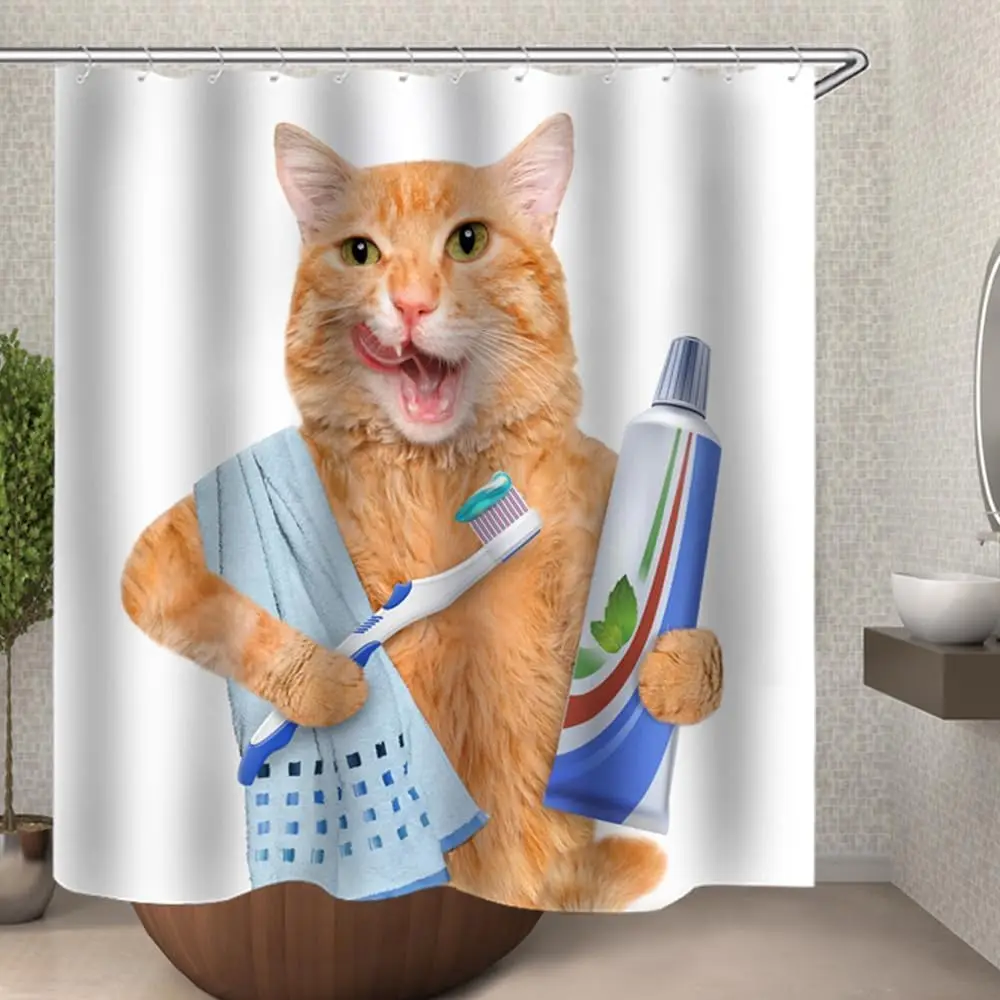 Cat Shower Curtain Kids Children,  Cat Brushing Teeth  Shower Curtain Bathroom Waterproof  Fabric, Bathroom Decor Accessories