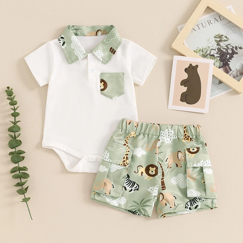 Baby Clothing Boy 2 Piece Animal Print Lapel Neck Short Sleeve Romper Elastic Waist Cargo Shorts Set Infant Toddler Clothes