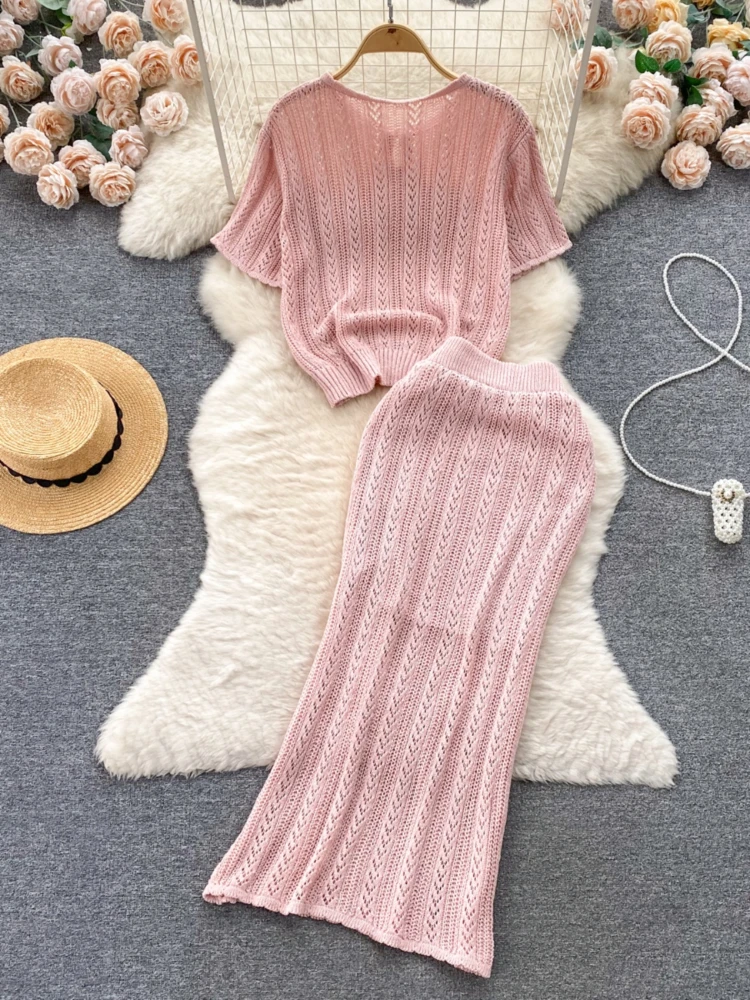 2024 New Korean Sweet Two Piece Set Women Short Sleeve Knitted Top Half Skirt Knitted Suits Summer Casual Elegant Outfits