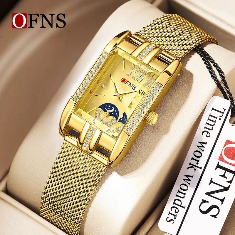OFNS1633 Diamond encrusted Women's Watch Fashion and Elegant Quartz Movement Zinc Alloy Case Steel Belt Design 3ATM Waterproof
