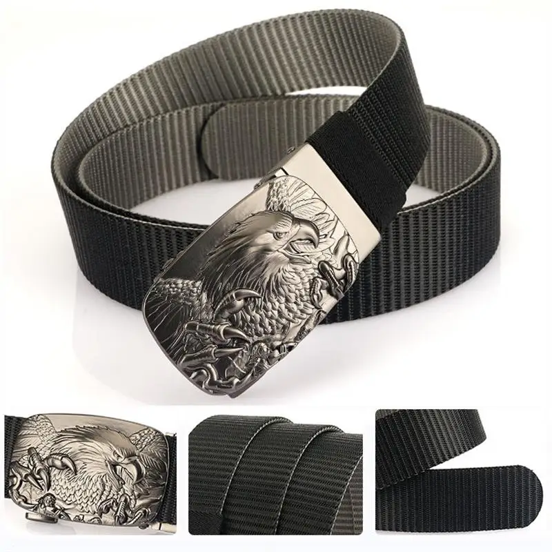 SupSindy Man Double-sided Nylon Belt Eagle Rotate Metal Automatic Buckle Canvas Belts for Men Jeans Waistband Bicolor Male Strap