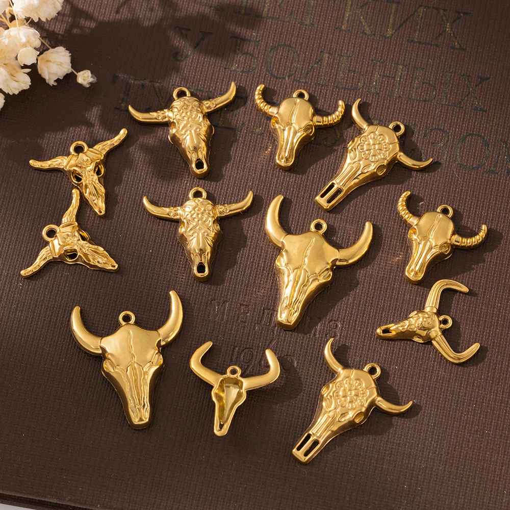 5pcs Stainless Steel Western Cattle Skull Cow Bull Head Charms Pendant for DIY Earring Necklace Bracelet Keychain JewelryMaking