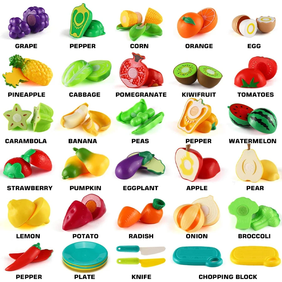 Snijden Speelvoedselspeelgoed voor kinderkeuken, alsof fruit- en groenteaccessoires met winkelopbergmand, plastic minigerechten