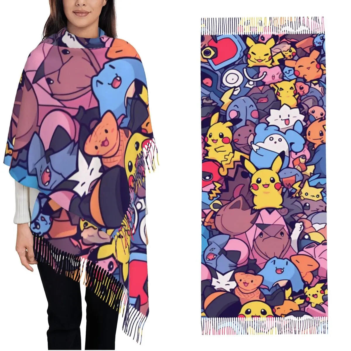 Lenço anime pokemon pikachu feminino, xales e envoltório de pashmina, cachecóis longos e grandes com borla para senhoras, desenhos animados fofos, outono e inverno