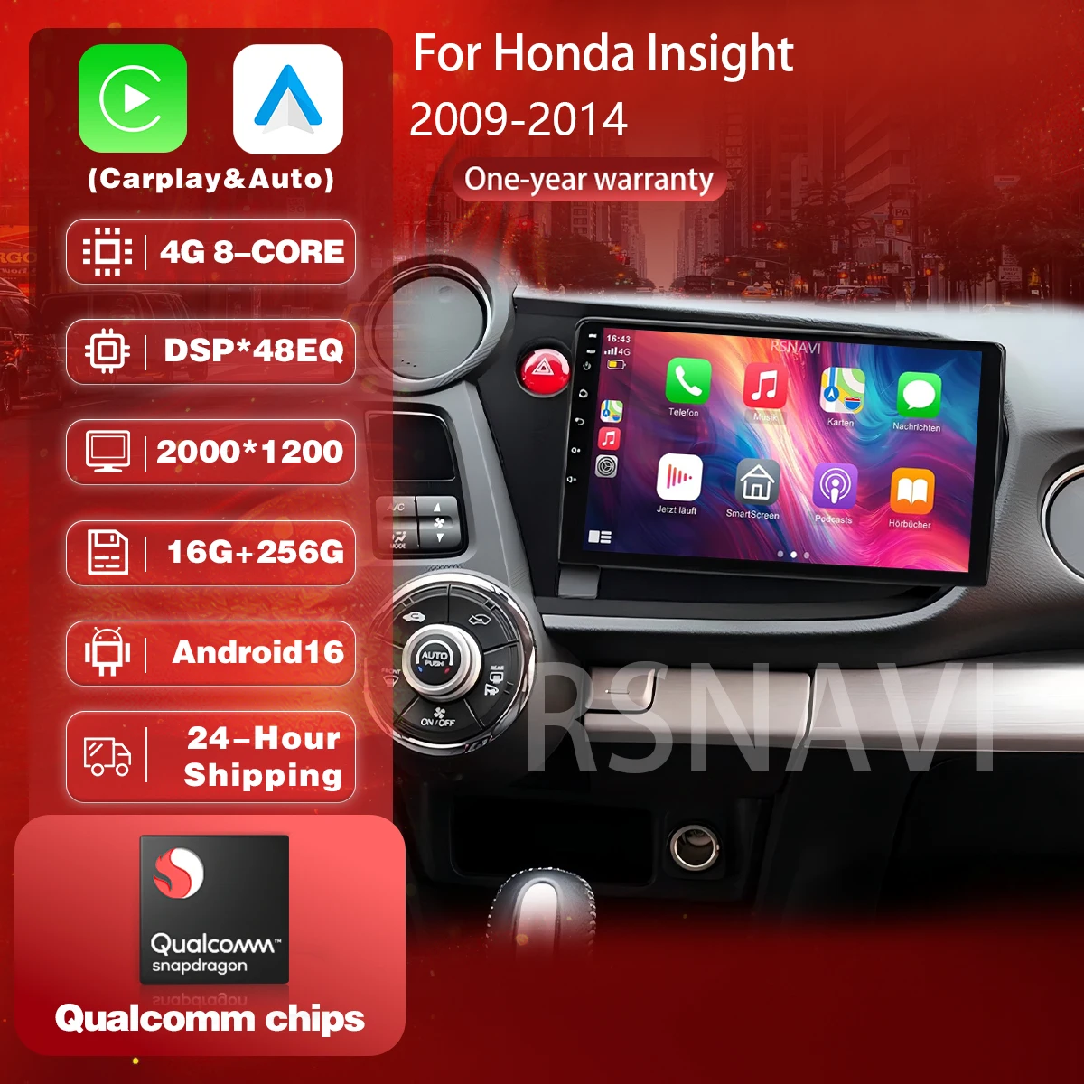 RSNAVI Android 16 Plug Carplay Auto Car Radio Multimedia Player For HONDA INSIGHT 2009 - 2014 Auto Stereo BT WIFI+4G 360 Camera