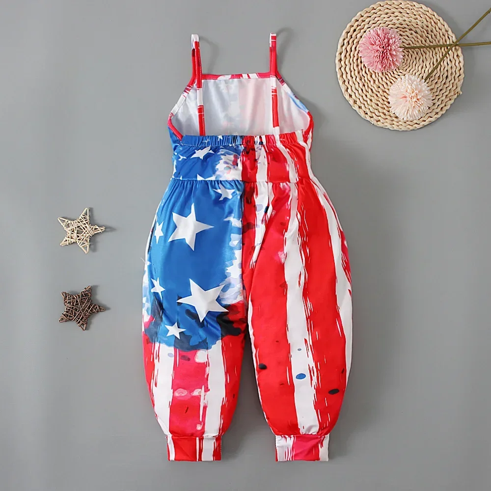 Kids Girl One-piece Bodysuits Backless Straps Overalls Stars Printed Independence Day Costume Suspenders Jumpsuits Playsuits