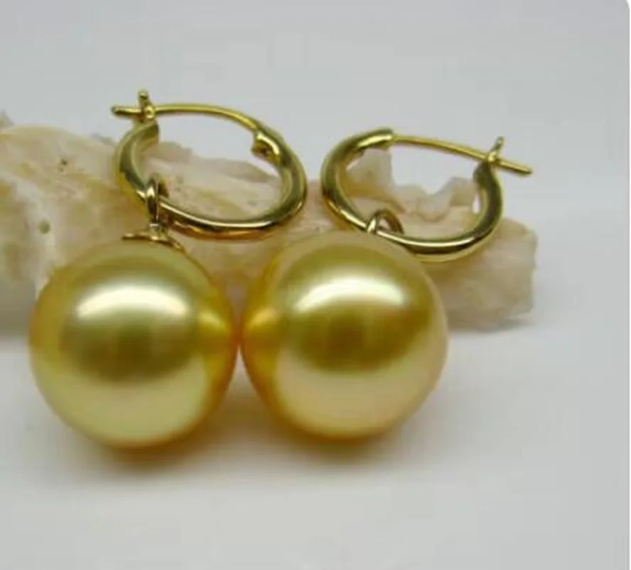 PERFECT AAAA 14MM AAA+ Real GOLDEN AKOYA SHELL PEARL EARRINGS 14K GOLD