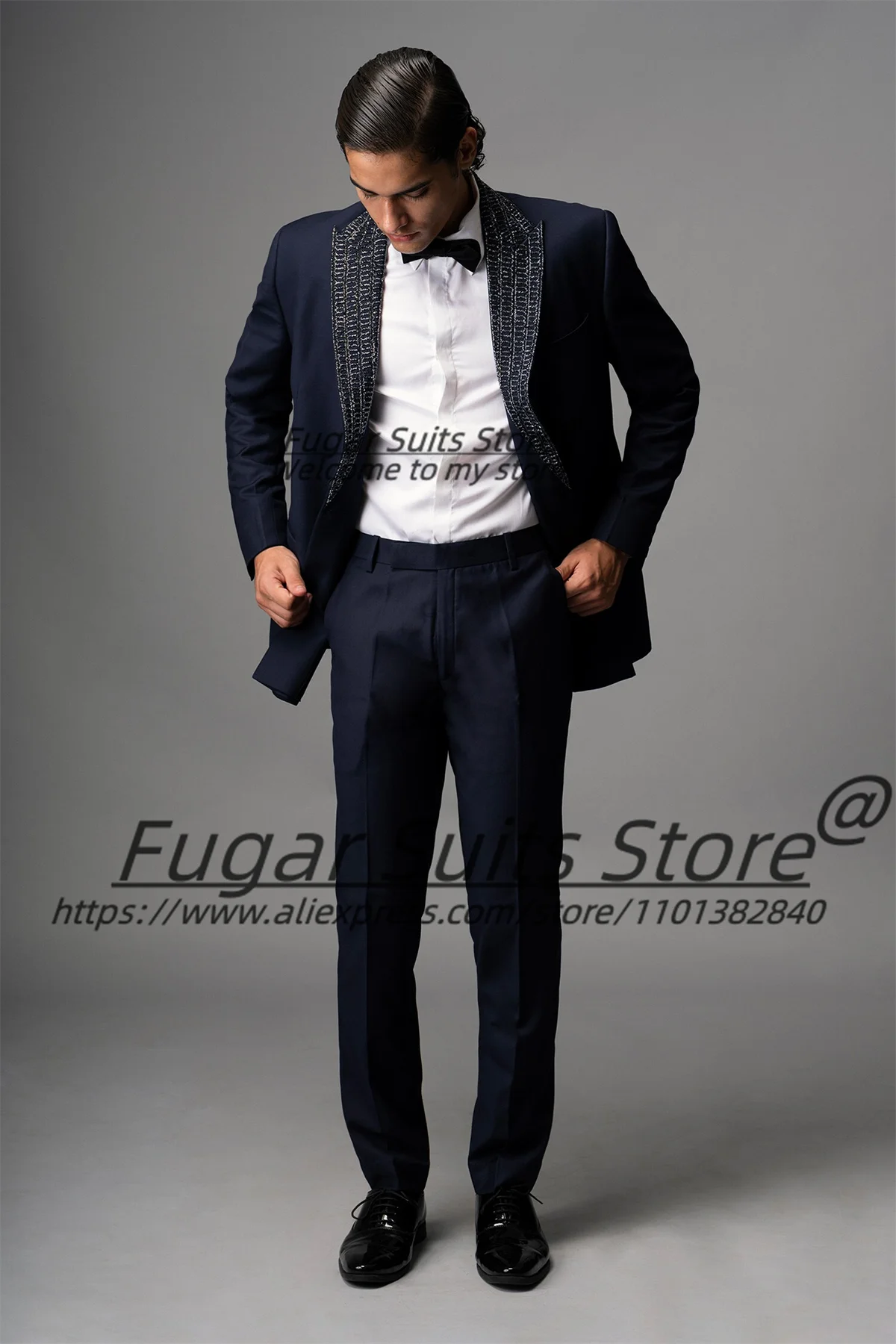 

Gorgeous Pearl Decoration Black Groom Wedding Tuxedos Slim Fit Peak Lapel Men Suits Customized Male Prom Blazers Costume Homme