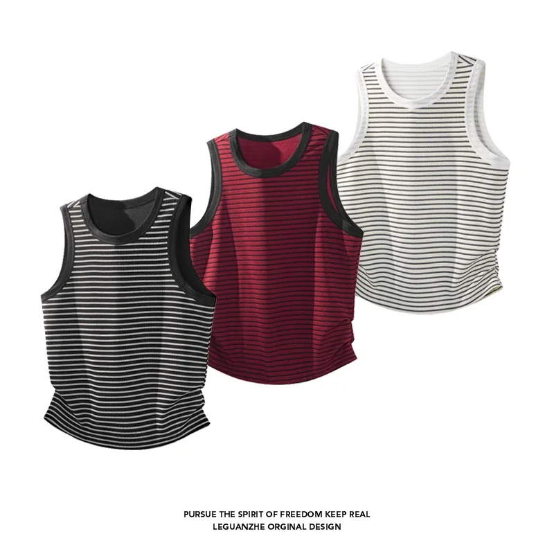 Men Crew Neck Sleeveless Tank Top Horizontal Striped Knit Fabric Slim Fit Curved Hem Casual Daily Vest Top