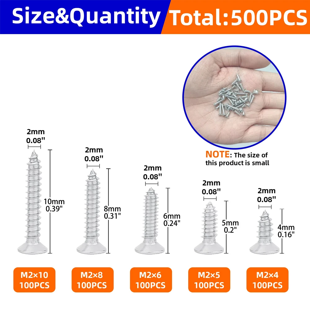 500pcs Flat Head Wood screws Assortment kit Phillips Tips screw set M2x4 M2x5 M2x6 M2x8 M2x10 Self-tapping Screws Wood Screw