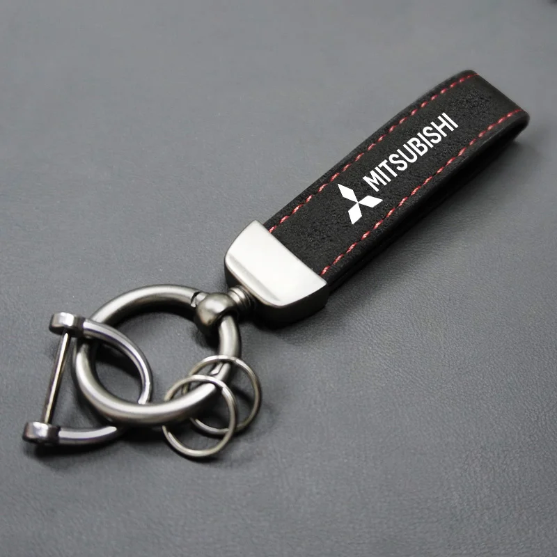 1PC Metal Suede Keychain Horseshoe Buckle Car Emblem Key Ring Pendant Fit For Mitsubishi Lancer Asx Outlander Pajero L200 Galant