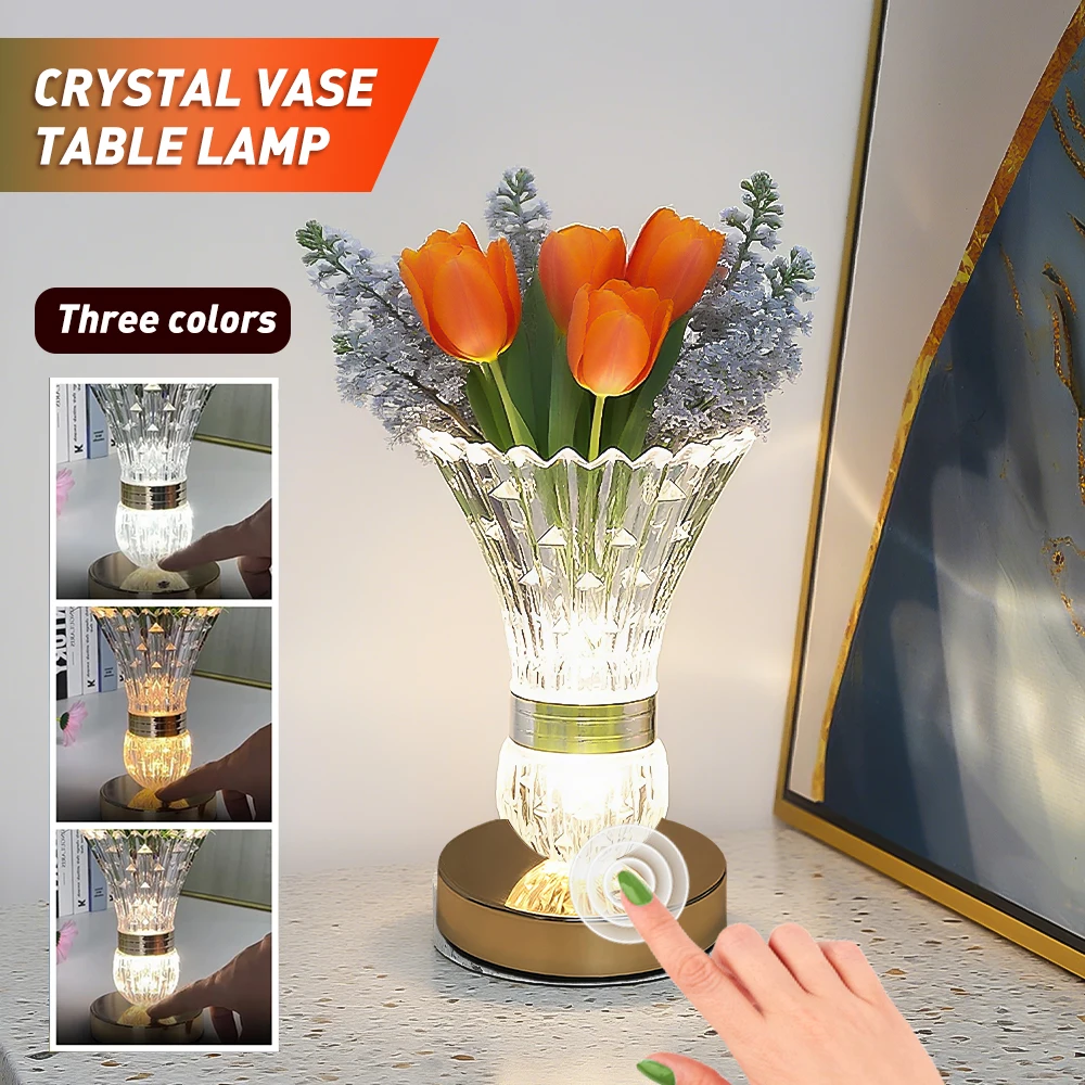 Touch Control Crystal Vase Table Lamp 3 Color Dimmable LED Night Light Rechargeable Decorative Desk Lamp Flower Vase Lamp for Bedroom Bedside Home Decor