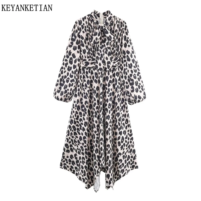 

KEYANKETIAN Spring New Women's Clothing Collar Bow Tie Leopard Print Lantern Sleeves Cinched Irregular Dress Casual Long Skirt