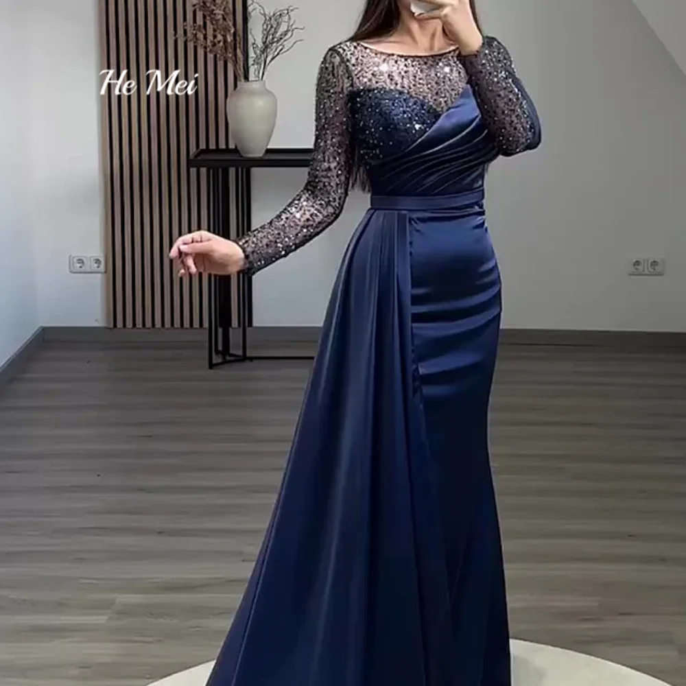 Simple Formal Prom Dresses Satin Long Sleeves Sheath Party Gowns New Satin With Sequined Evening Dress Vestido De Fiesta