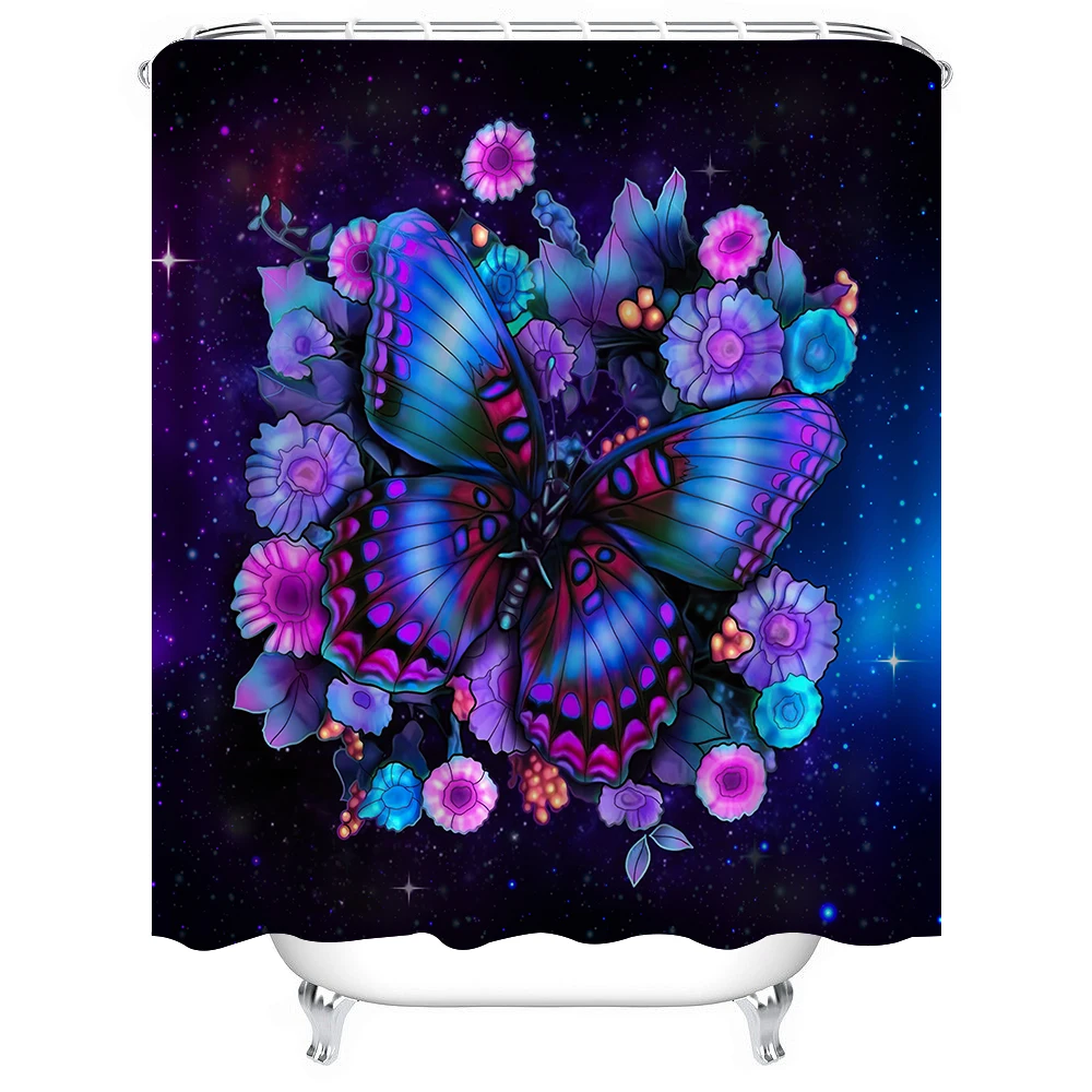 1pc Butterfly Flower Shower Curtain Bathroom Partition Decorative Curtain Machine Washable Purple Flowers Window Privacy Curtain