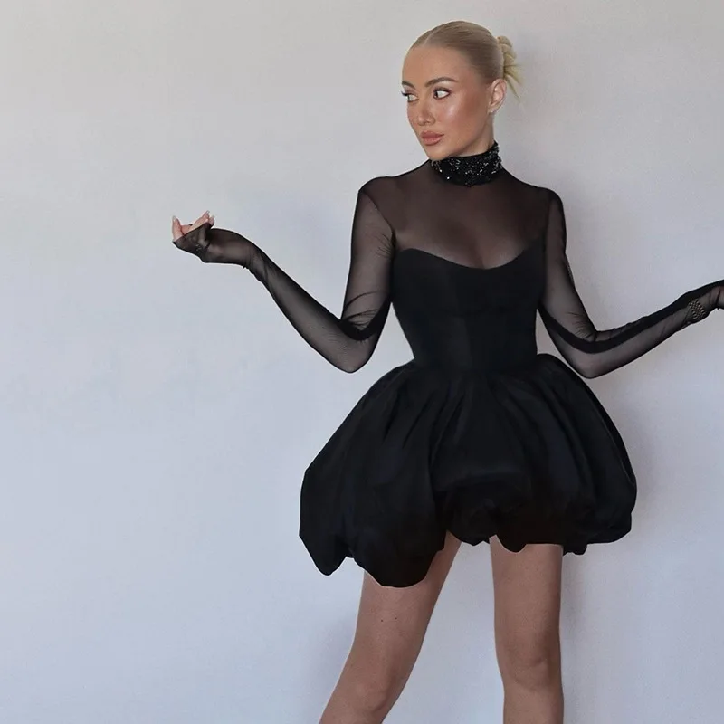 2025 Spring Turtleneck Sheer Long Sleeve Sexy Mini Dress For Women Black See Through High Waist A-line Club Party Dress Elegant