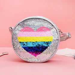 New Kids Round Heart Clutch Purse PU Leather Crossbody Bags for Girls Sequins Handbags Children Coin Wallet Shoulder Bag