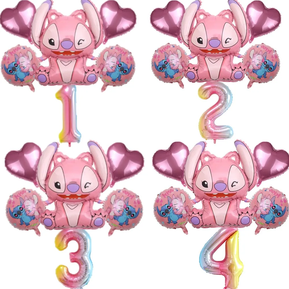 6pcs Disney Pink Lilo & Stitch aluminum film balloon  Angel balloon set girl birthday party decoration 32'' digital balloon set