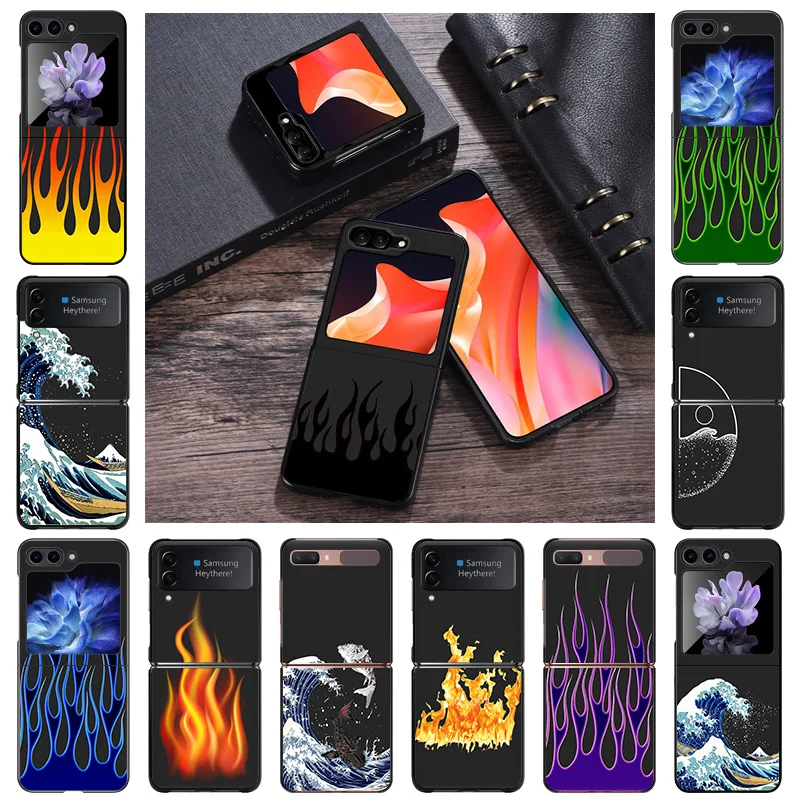 Hard Phone Cases Luxury Red Green Flame Sea wave Cover for Samsung ZFlip6 5G Galaxy Z Flip5 Flip4 Flip3 Flip 6 5 4 Shell Fundas