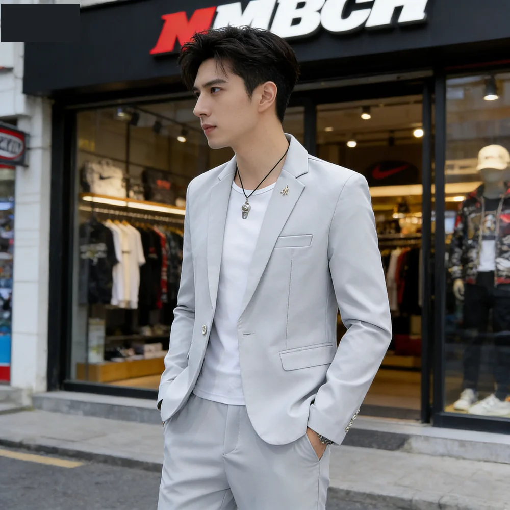 

Мужской деловой костюм-двойка Slim Fit: повседневный, однотонный, осенний, с брюками в комплекте. Полный комплект мужской одежды для работы.