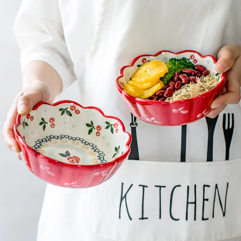 

1pc Red Cherry Design Bowl Ceramic Salad Bowl Pasta Oatmeal Pudding Backing Microwave Safe Dinnerware