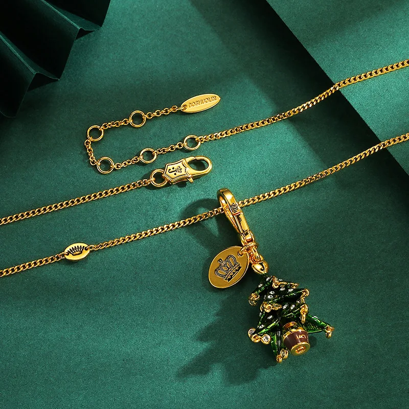 Enamel Glazed Rhinestone Green Christmas Tree Bell Pendant Christmas Pendant Necklace