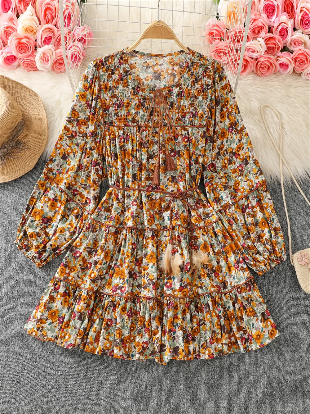 

2025 Spring And Summer Bohemian Retro Print Dress Long Sleeve V-Neck Loose Casual Beach Holiday Style Mini Dress Women Vestidos
