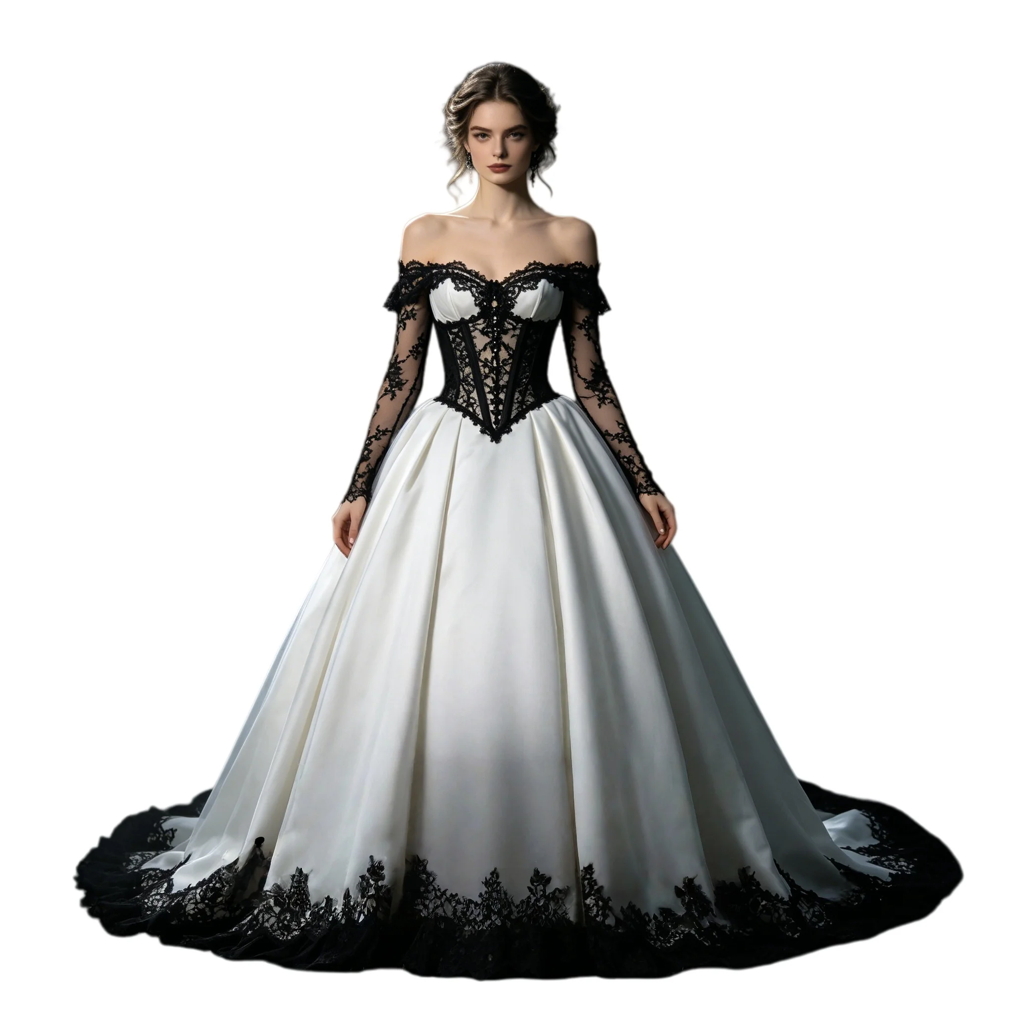 Enchanted Forest Noir White Black Lace Satin Ball Gown Wedding Dress Off Shoulder Bridal Gown Customized