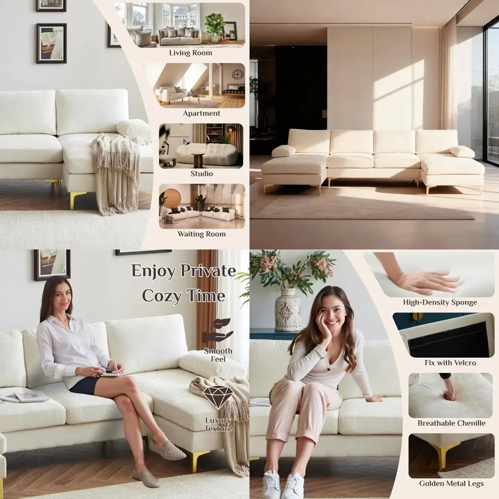 U-Shape Sectional Sofa 110 with 4 Seats and Chaise, Chenille Upholstery, Creamy White for Living Room