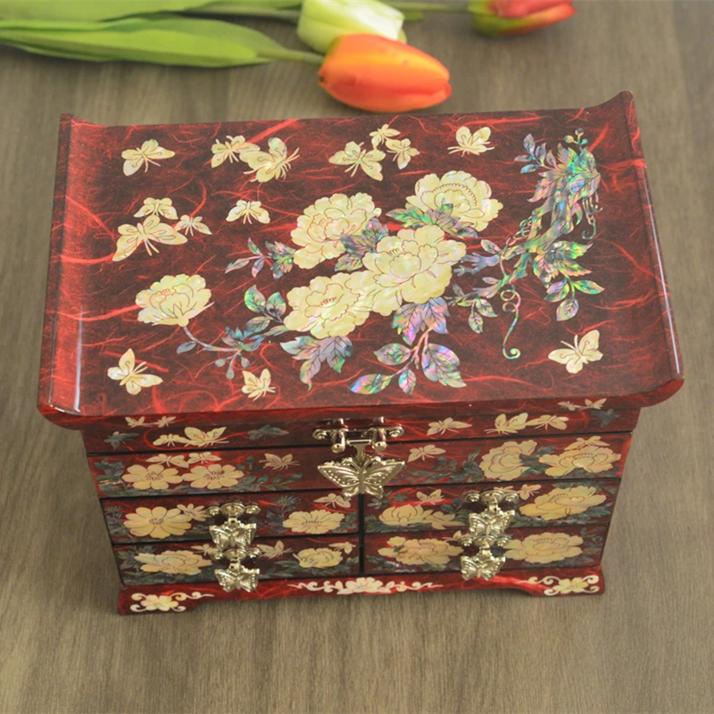 Mother of Pearl Wooden Jewelry Organizer Box Storage Box for Women, Features Spacious Drawers, Ideal for Rings, Watches, Chains