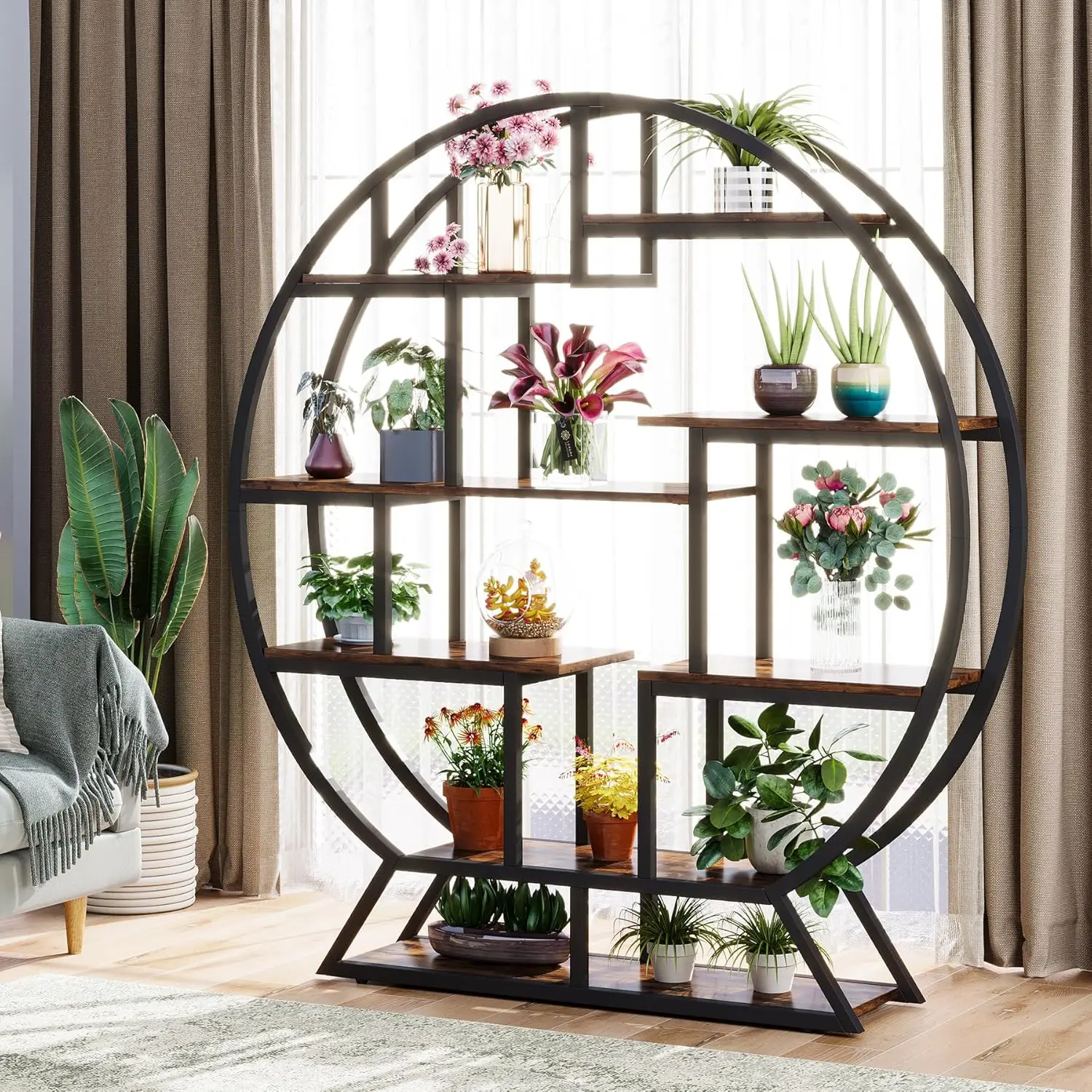 Indoor Plant Stand, 63 Inch Round Plant Shelf Holder, Multipurpose Flower Pot Stands with 8 Shelves, Metal and Wood Bonsai Potte