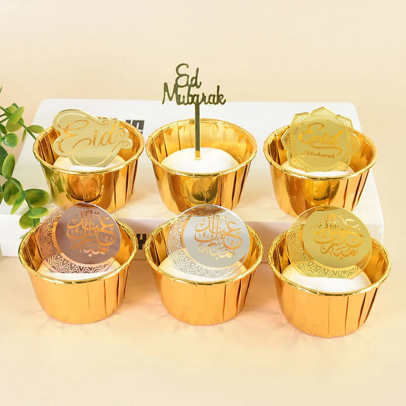 Topper gâteau Eid Mubarak Chi, 10 pièces/lot, en acrylique, or, miroir, pour fête musulmane islamique du Ramadan, fournitures de décoration DIY, 2024