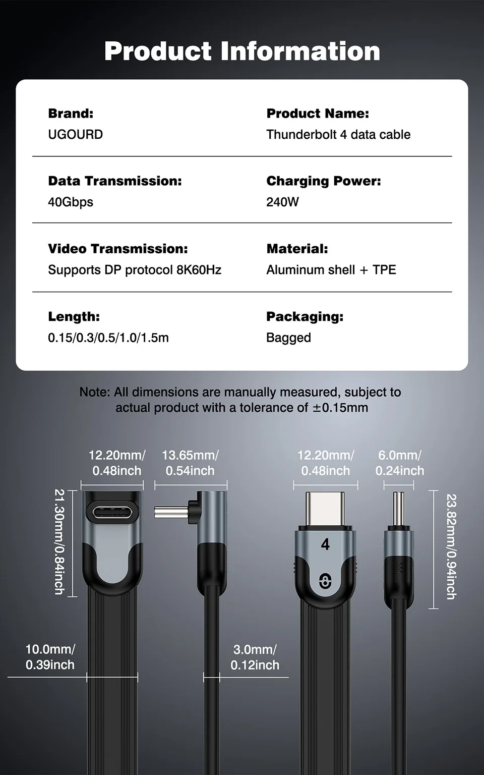 UGOURD Right Angle Thunderbolt4 USB4 Type C Cable 90 Degree Elbow 8K 240W Fast Charging 40Gbps Data Sync USB Cord All Directions