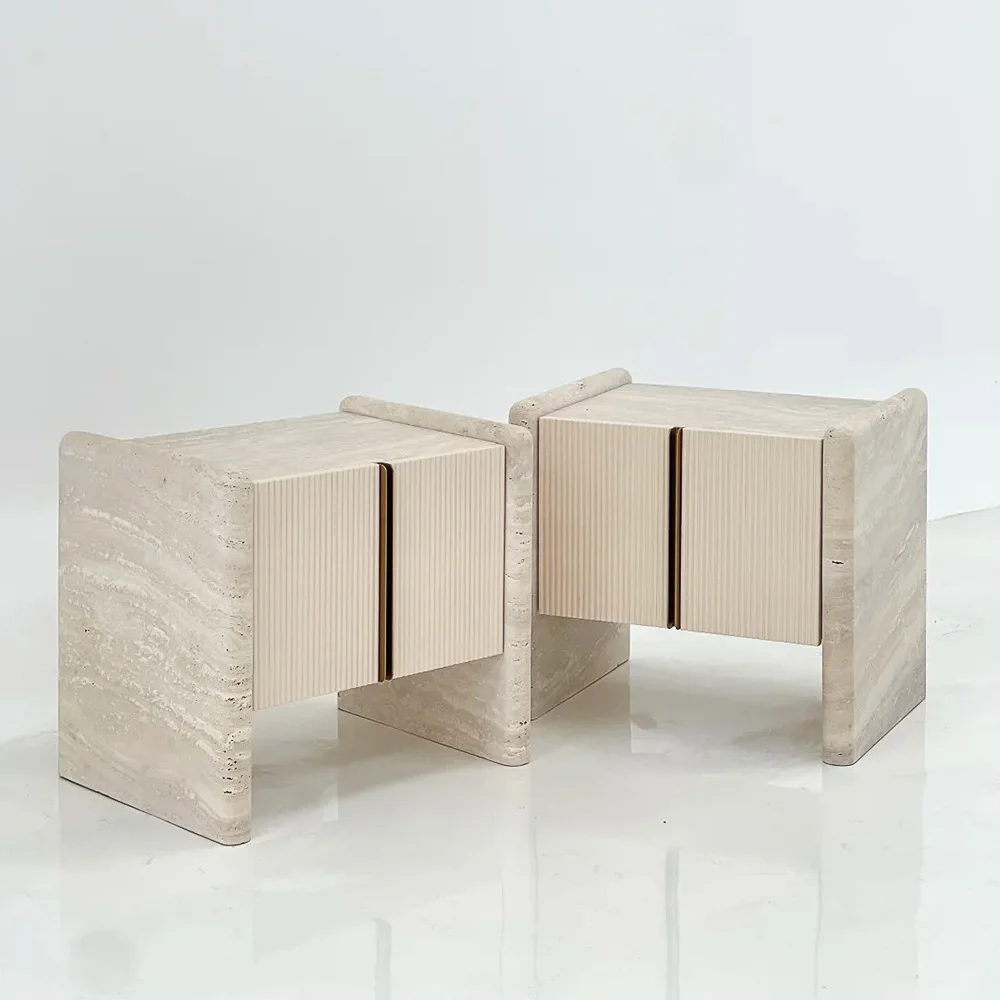 Designer Travertine Bedside Cabinet Fluted Door Luxury Nightstand for High-End Interiors