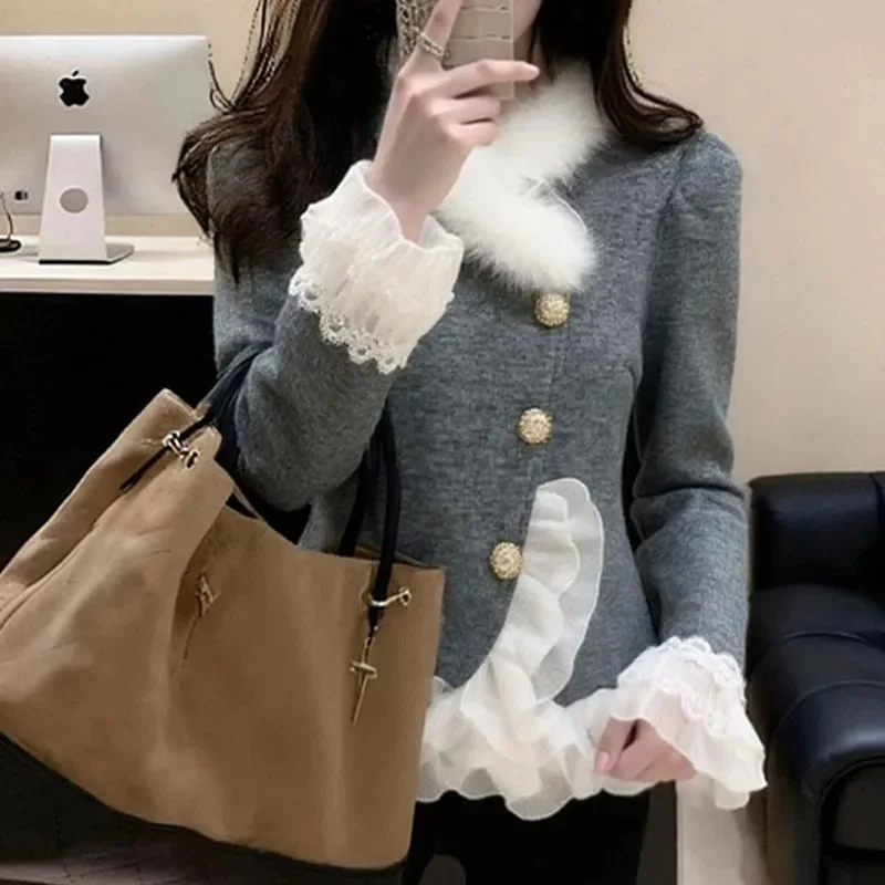 Temperament Lotus Leaf Edge Splicing Short Coat Women's Spring Autumn Winter Slim Top  Jacket Korean Women Receive High Praise