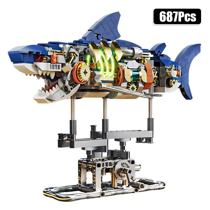 Creative 687Pcs Mechanical Shark Building Blocks Great White Shark With Stand Home Decoration MOC Bricks Toys For Children Gifts