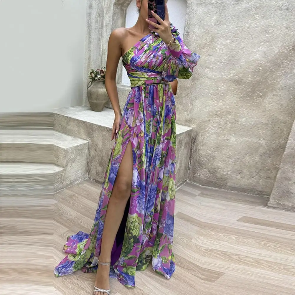 

Formal Evening Gown with Slits Elegant One Shoulder Floral Print Maxi Dress for Women Colorful Ball Gown with Side for Party