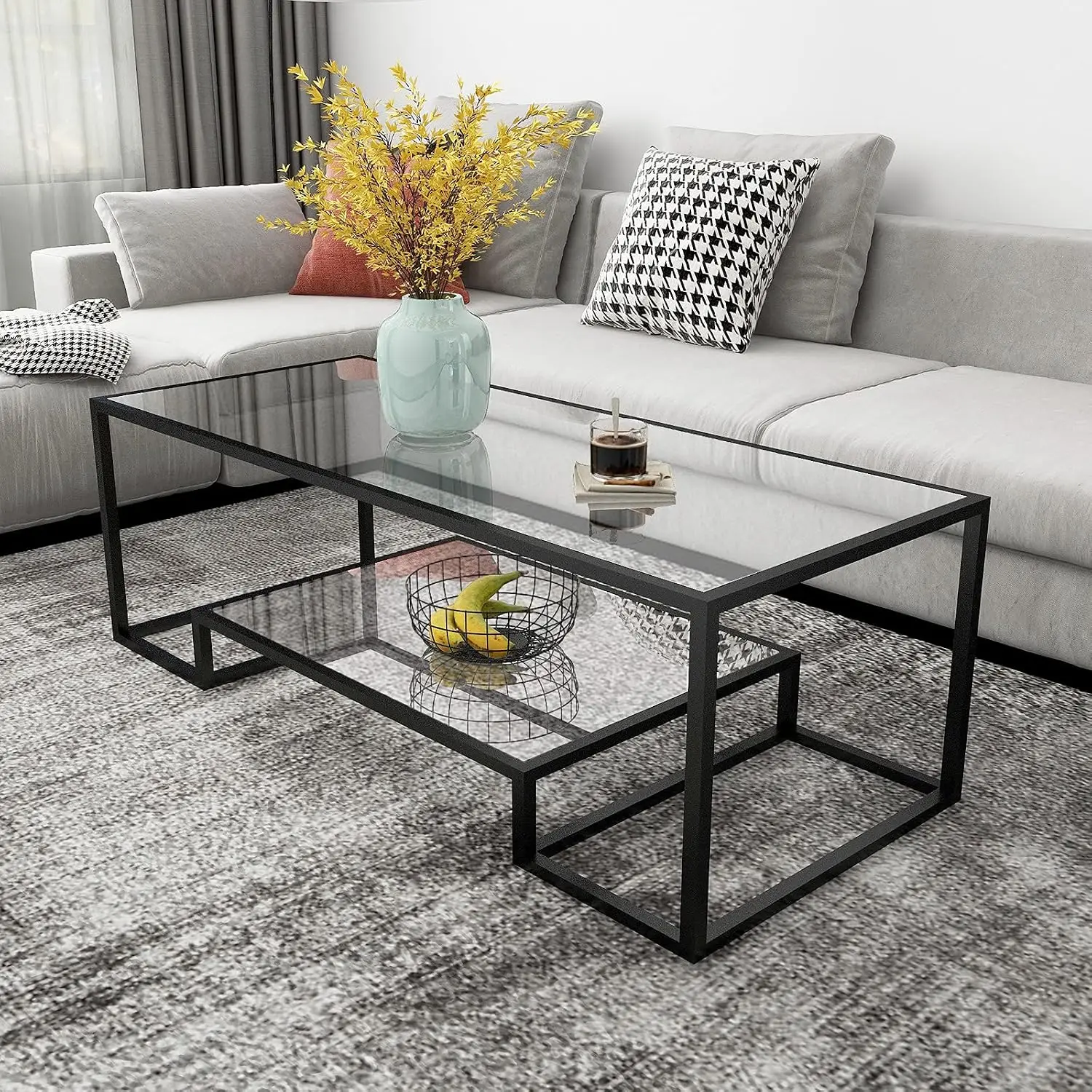 Metal Glass Coffee Table, Black Accent Modern Tempered Glass Side Table | Rectangle Glass Table, Additional Storage, Customized