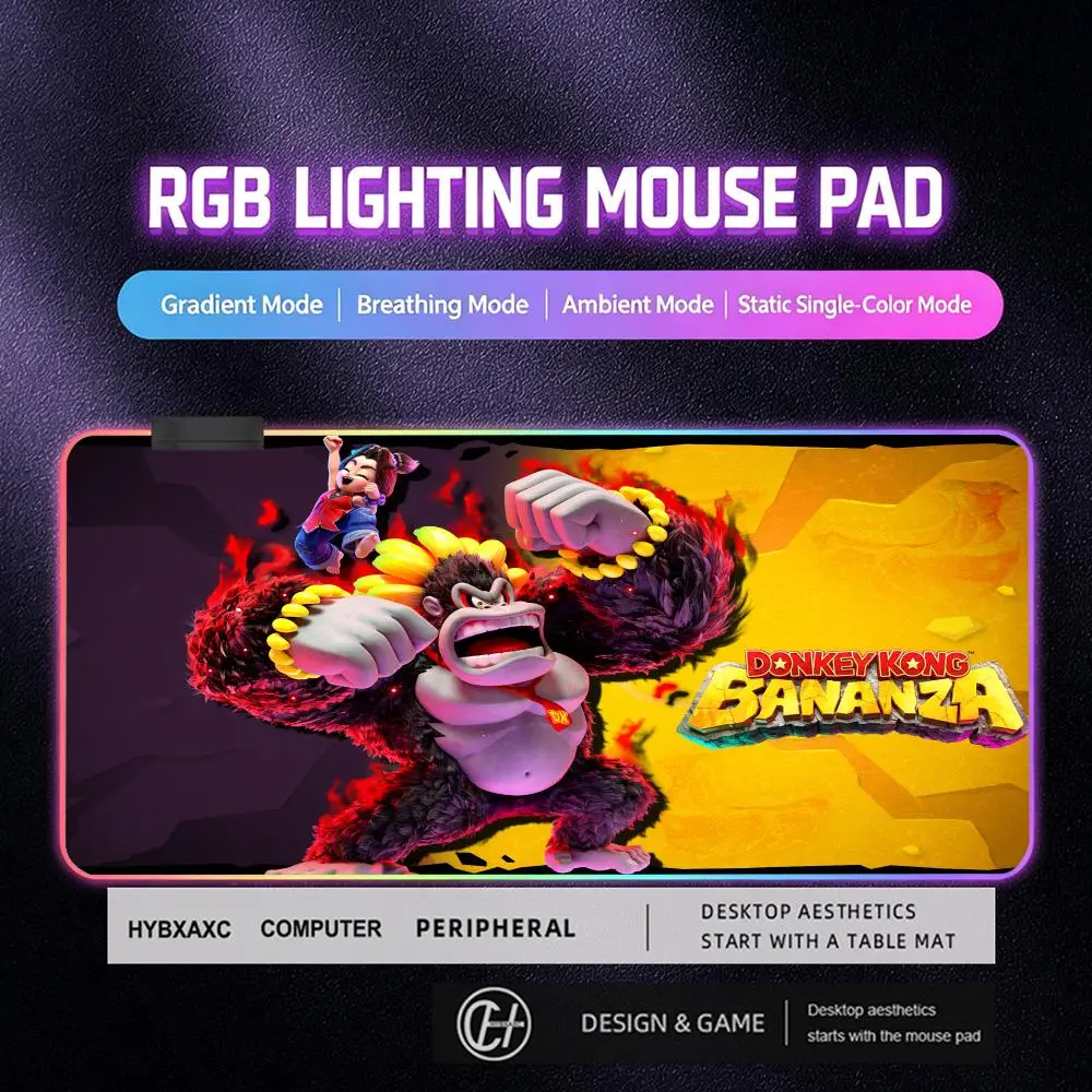 Коврик для мыши RGB LED D-Donkey Kong Bananza, забавный, нескользящий, утолщенный, большой, с защитой от скольжения, для офиса, учебы и игр