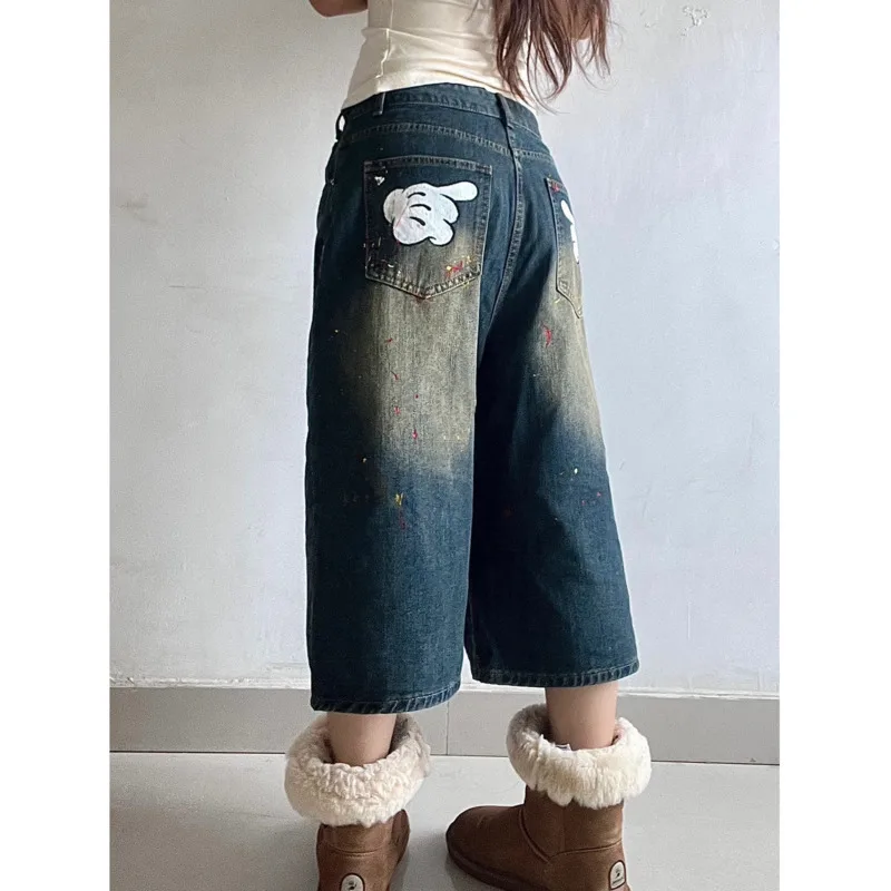 Disney Mickey Mouse Wide Jeans High Waist Cartoon Capri Trousers Casual Streetwear Calf-Length Pants Women Vintage Denim Pants