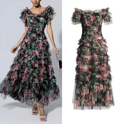 Designer Long Maxi Summer Holiday Wedding Gauze Dress Women Short Sleeve Sexy Floral Ruffles Cake Dresses Prom Evening Vestidos