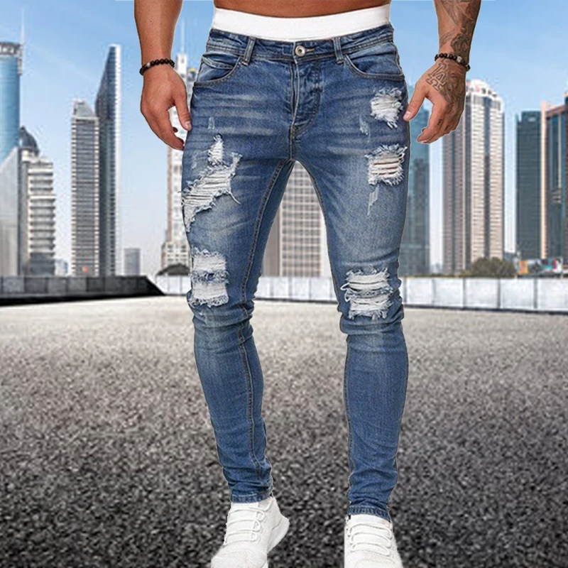 

Fashion Street Style Ripped Skinny Jeans Men Vintage wash Solid Denim Trouser Mens Casual Slim fit pencil denim Pants hot sale